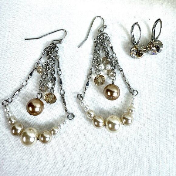 2 Pairs Vintage Earrings – Faux Pearl Dangle Chandelier & Rhinestone Leverback - Picture 1 of 5